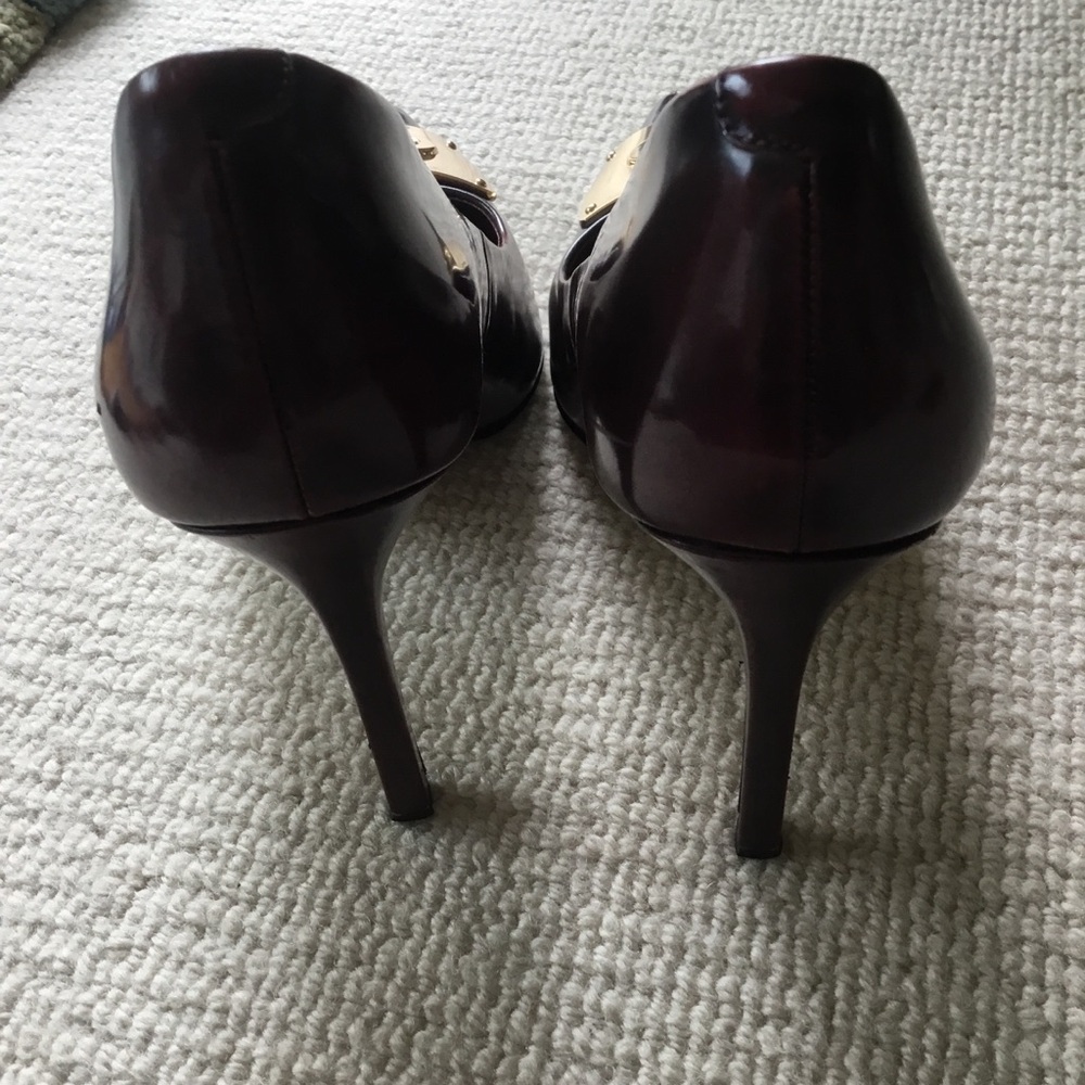 Coach Burgundy Patent Pointed-Toe Pumps with Gold Toe Plate - Picture 10 of 13